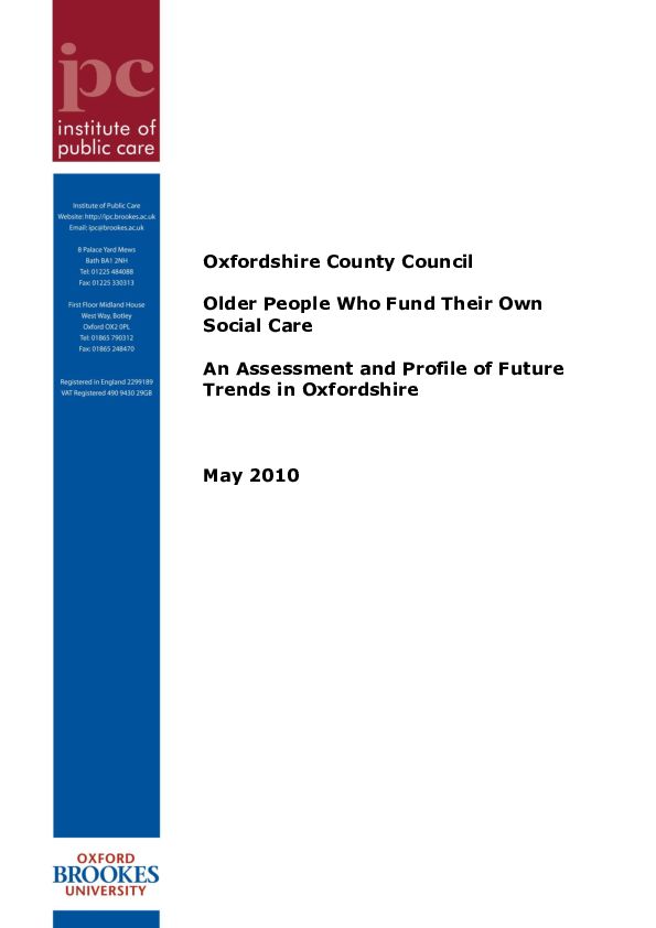 Self Funder An assessment and profile of future trends in Oxfordshire